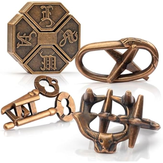 FUN METAL BRAIN TEASER PUZZLE GAMES, ADULTS MIND TRAVEL 3D TOYS, TEENS IQ INSIGHT CHALLENGE, PORTABLE LOGIC EDUCATIONAL GIFT, MIND-STIMULATING PUZZLES, DURABLE METAL CONSTRUCTION (4 PCS) - Image 1